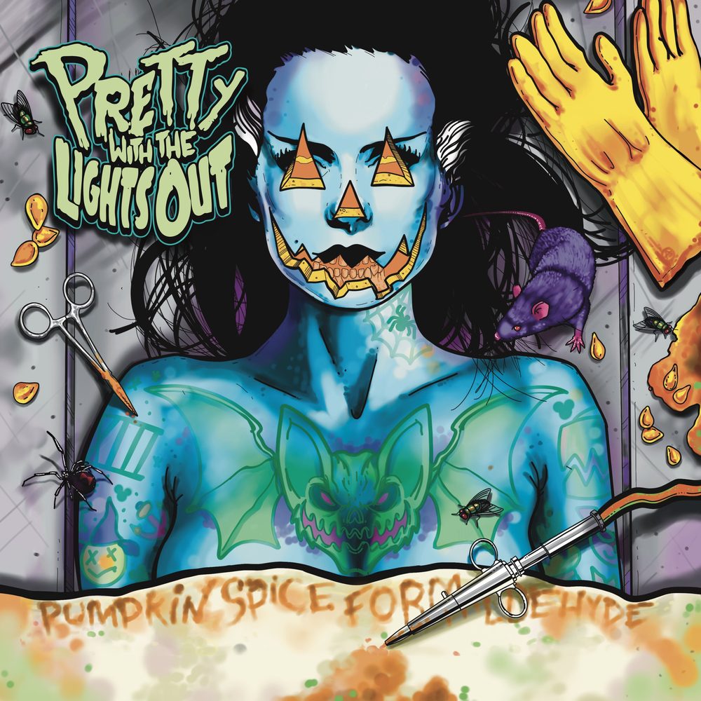 Pumpkin Spice Formaldehyde cover art: a blue-skinned woman with jack-o'-lantern face paint laid out on a morgue slab