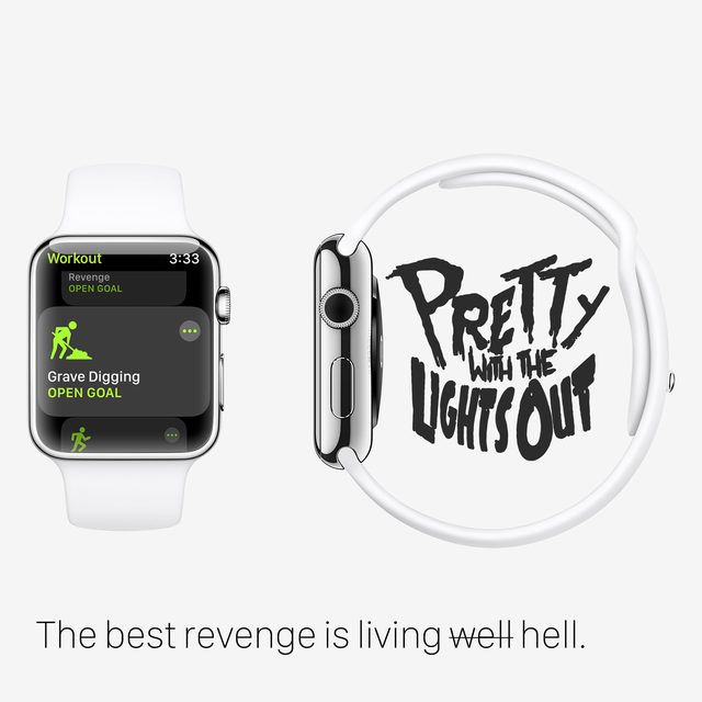The Best Revenge Is Living Hell art: a smartwatch showing a Grave Digging workout